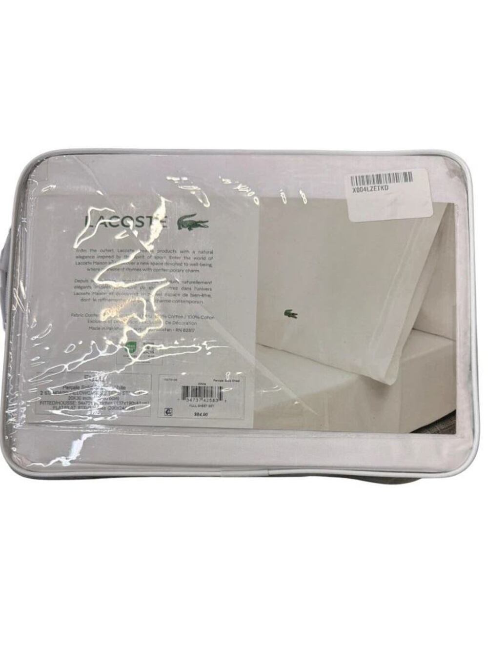 Lacoste Slice Cotton Percale Sheet Set Full White 4 Piece Bedding Set New